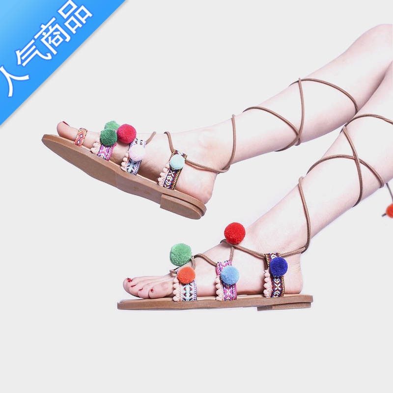 SUNTEK交叉绑带流苏彩色毛球球平底罗马凉鞋女民族风波西米亚套趾沙滩球高清大图