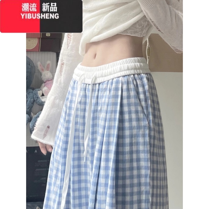 YIBUSHENG小个子蓝色格子休闲裤女季薄款2024新款宽松阔腿裤高腰直筒裤子高清大图