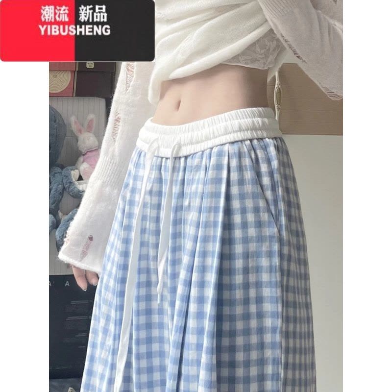 YIBUSHENG小个子蓝色格子休闲裤女季薄款2024新款宽松阔腿裤高腰直筒裤子图片