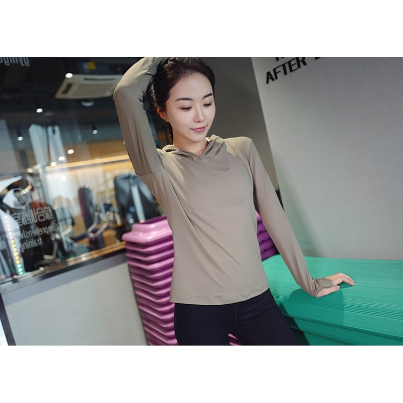 运动上衣健身服女 宽松瑜伽服跑步连帽长袖透气速干运动紧身衣