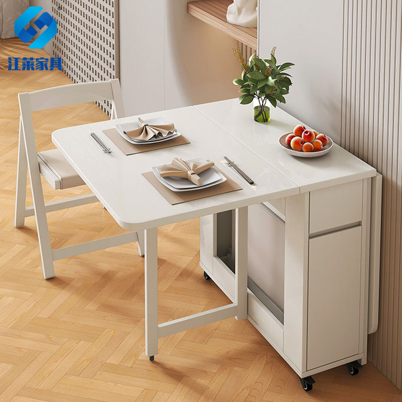 江莱小户型折叠餐桌家用餐边柜一体可移动实木长方形伸缩桌子高清大图