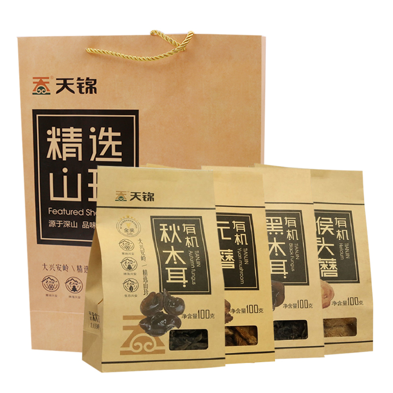 天锦 有机干货礼盒 100g*4 有机秋木耳袋装100g 有机黑木耳100g 有机元蘑100g 有机猴头100g