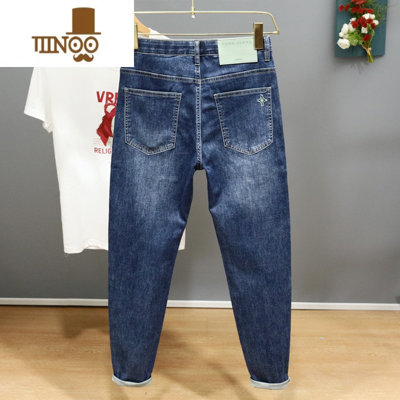YANXU夏季薄款斜插袋牛仔裤男修身小脚弹力百搭休闲简约蓝色2023年长百高清大图
