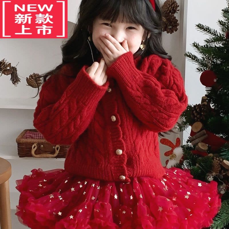可莉允萌c童品女童冬季毛衣圣诞新年氛围感针织衫儿童冬装红色上衣洋气图片
