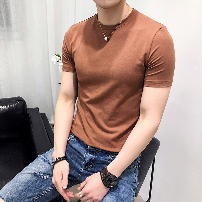 棉男士纯色打底衫夏款修身圆领短袖T恤青少年学生透气时尚摄影潮