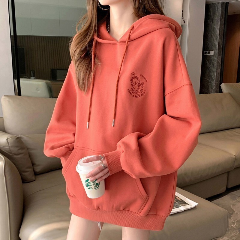 【加菲猫联名款】唐狮0春装新款卫衣女连帽宽松设计感小众上衣潮 M 橘色