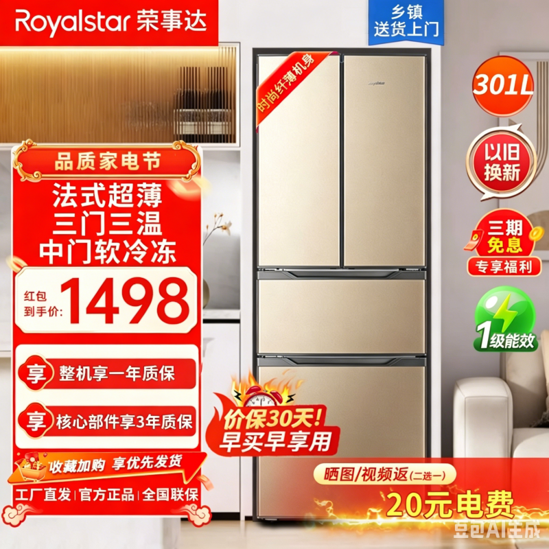 荣事达(Royalstar)四门三温法式冰箱冷藏冷冻软冷冻家用大容量多门电冰箱节能冰箱 BCD-301M9RGZ深空金