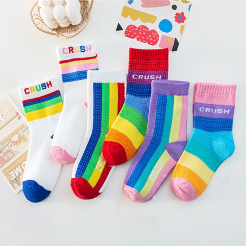 儿童袜子春秋棉女童彩虹袜男童小童字母中筒袜宝宝袜四季款
