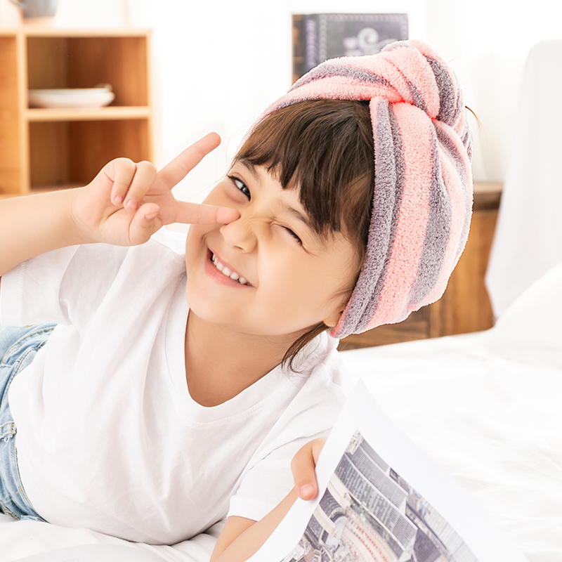 2个干发帽女吸水速干洗头巾成人儿童擦头毛巾加厚可爱干发巾 三维工匠 [儿童款]灰粉色