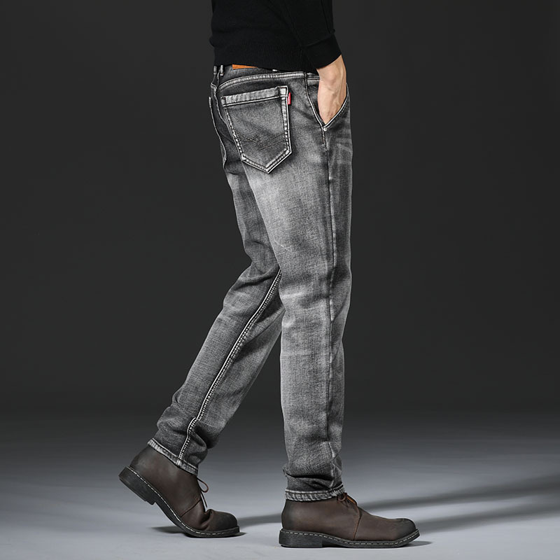 new lake秋季烟灰色牛仔裤男士直筒宽松高端大码弹力斜口袋秋冬款百搭