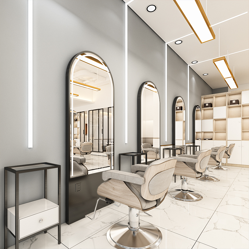 新款网红理发店镜子发廊专用双面落地式闪电客美发店镜台潮款带灯理发