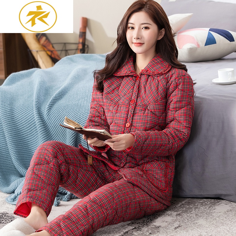 ideamini三层夹棉棉冬季睡衣女棉老粗布中老年棉衣色格子两件套家居