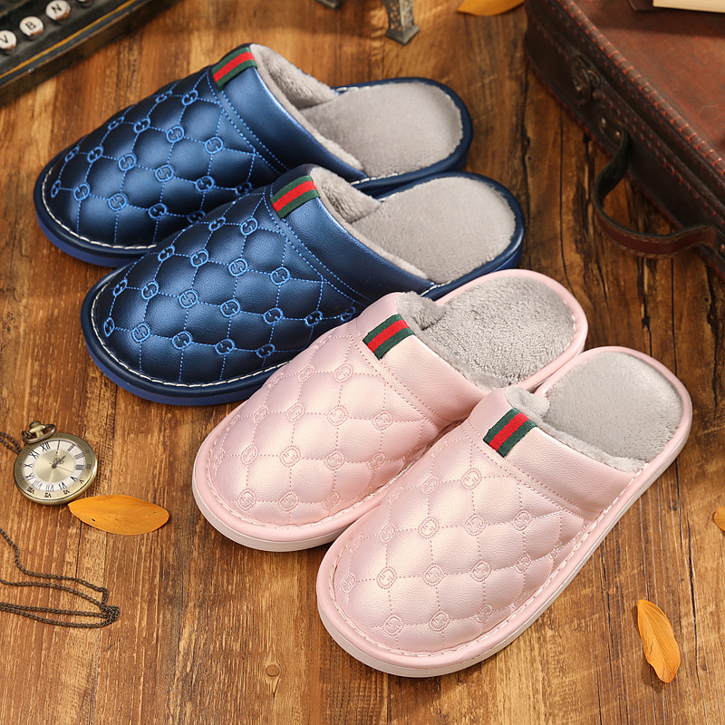 冬季新款情侣棉拖冬季防滑厚底pu防水拖鞋男棉鞋女保暖皮拖鞋包头居家