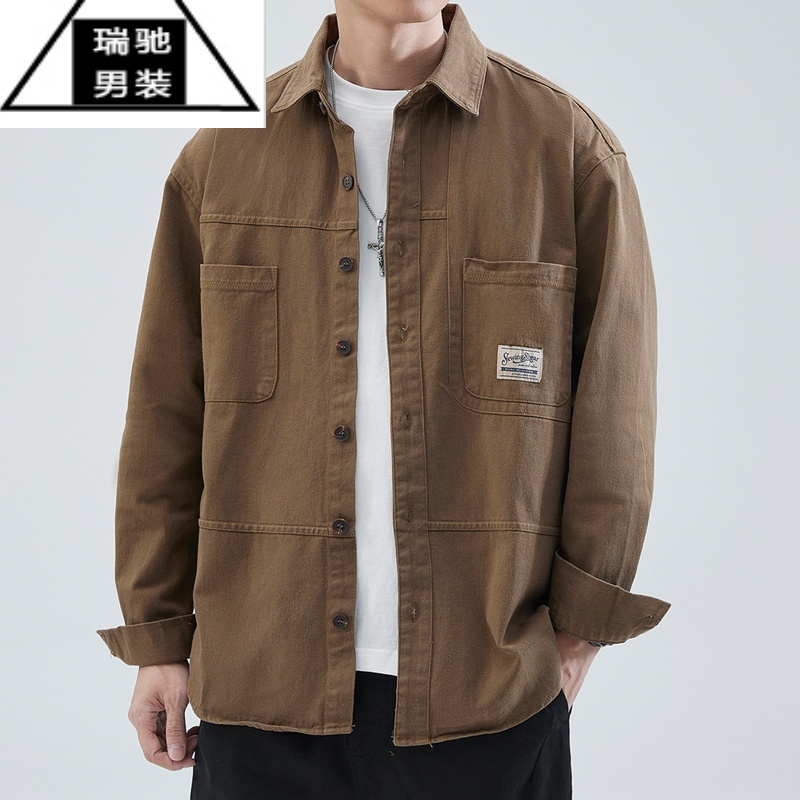 希杰狮王工装衬衫式夹克外套男士2023春秋款日系宽松休闲长袖衬衣男
