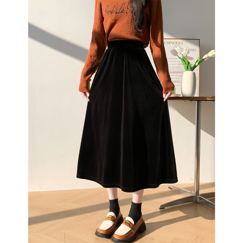 4元,叠加优惠券]唐狮秋冬新款女丝绒黑色半身裙伞裙高腰百搭时髦简约