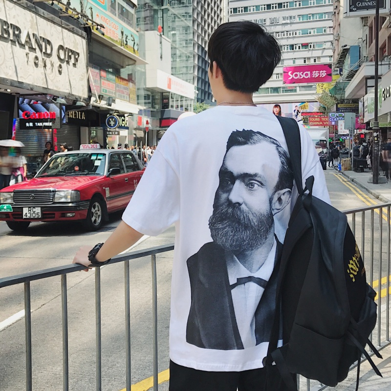 港风复古印花圆领短袖T恤夏季年轻青年宽松半袖打底衫男生上衣