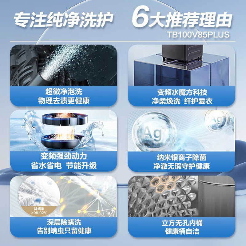 [今日低价]小天鹅(LittleSwan)洗衣机波轮全自动 水魔方防缠绕小乌梅超微净泡直驱变频省电省水 炫彩巨幕屏