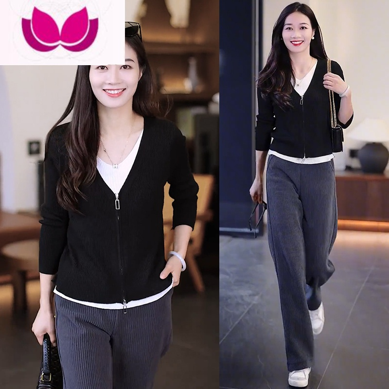 七斓时尚休闲套装女2023早秋新款洋气假V领针织上衣阔腿裤套