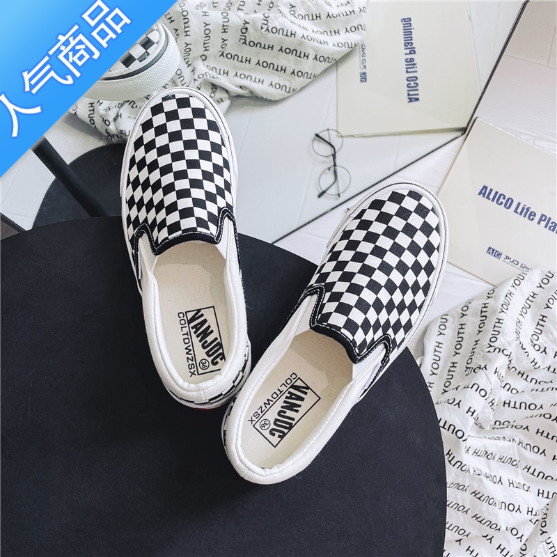 SUNTEK黑白色低帮帆布鞋女夏季松紧套脚轻便半拖鞋一脚蹬休闲板鞋懒人鞋高清大图