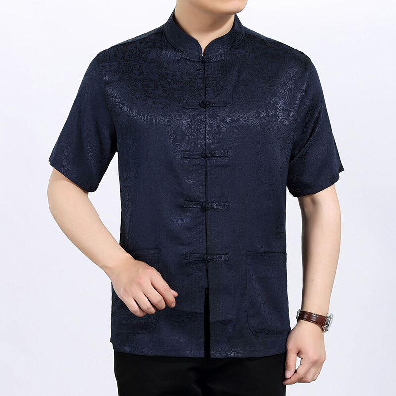 夏季唐装男短袖中老年衬衫半袖盘扣中式爸爸装中年男士夏装