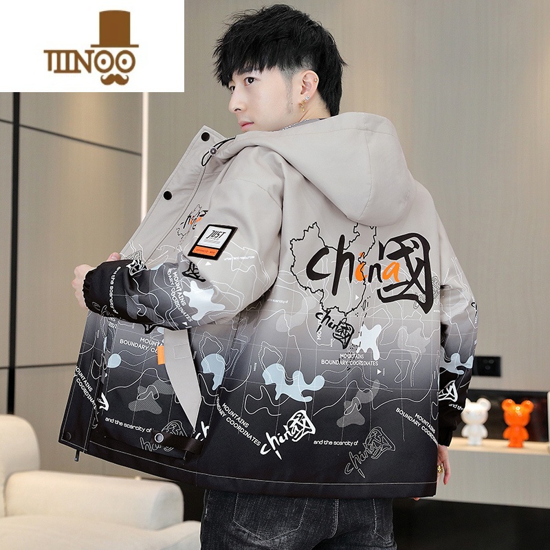 YANXU外套男休闲帅气连帽夹克青少年学生中国风渐变色印花冲锋生高清大图