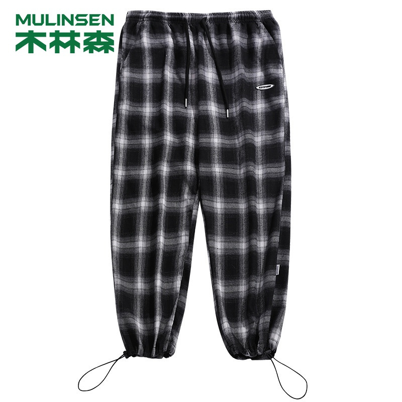 [直营]木林森(MULINSEN)秋新款黑白格纹休闲裤男宽松裤脚抽绳阔腿裤