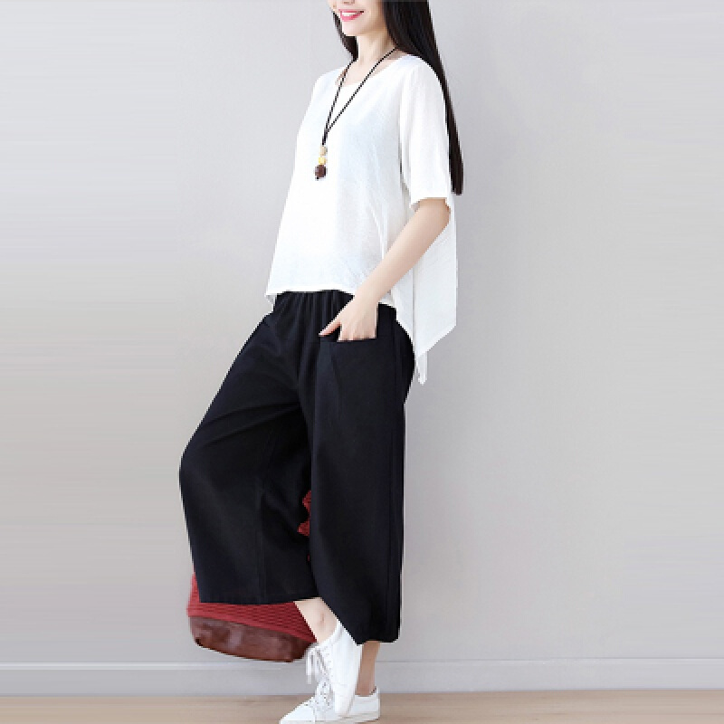 棉麻套装女2018夏季新款韩版宽松大码时尚休闲阔腿裤亚麻两件套潮