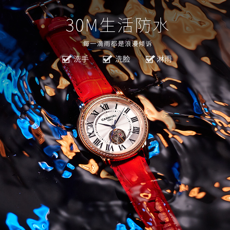 正品嘉年华CARNIVAL手表2019新款女表机械表 女士腕表气质休闲时尚真皮带防水个性镂空镶钻女表8052