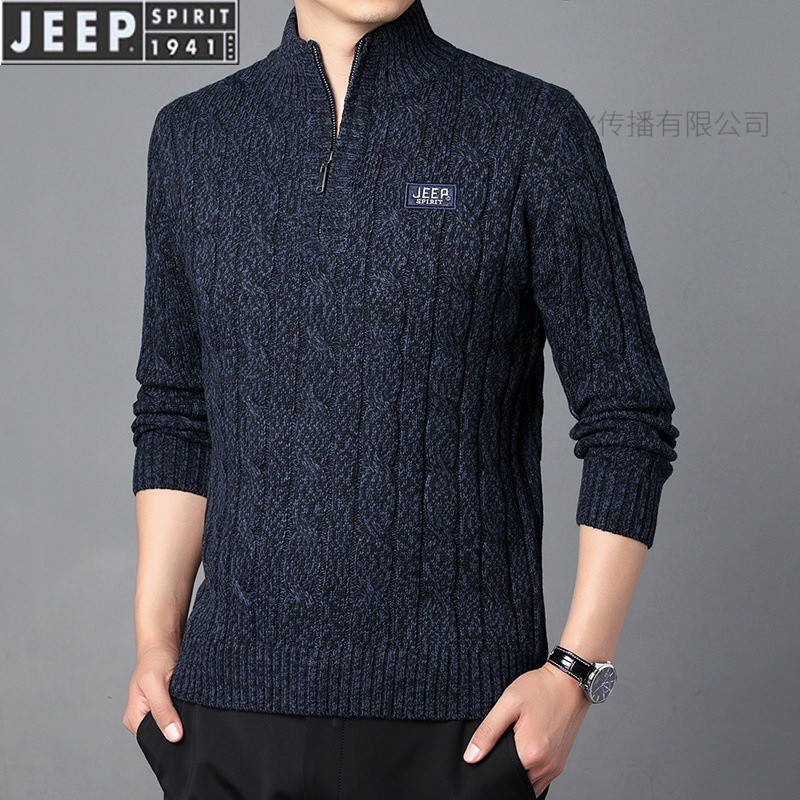 JEEP SPIRIT毛衣冬季新款半拉链加绒加厚保暖针织毛衣男高清大图