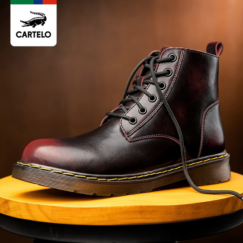 线下专柜同款卡帝乐鳄鱼cartelo新款真皮复古马丁靴高帮皮靴厚底休闲