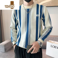 YANXU百搭撞色蓝杏竖条纹男士长袖卫衣男新款潮流圆领针织衫男港风毛衣 2XL 图片色