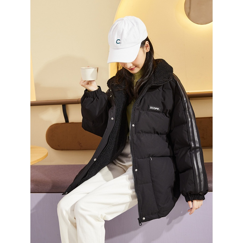 [直降价332元]唐狮冬季新款黑色羽绒服女韩版短款立领拼接仿羔毛外套时尚潮