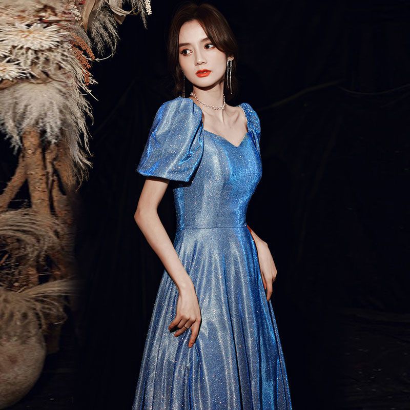 星空晚礼服新款蓝色长款亮片伴娘团气质年会姐妹礼服主持宴会礼服