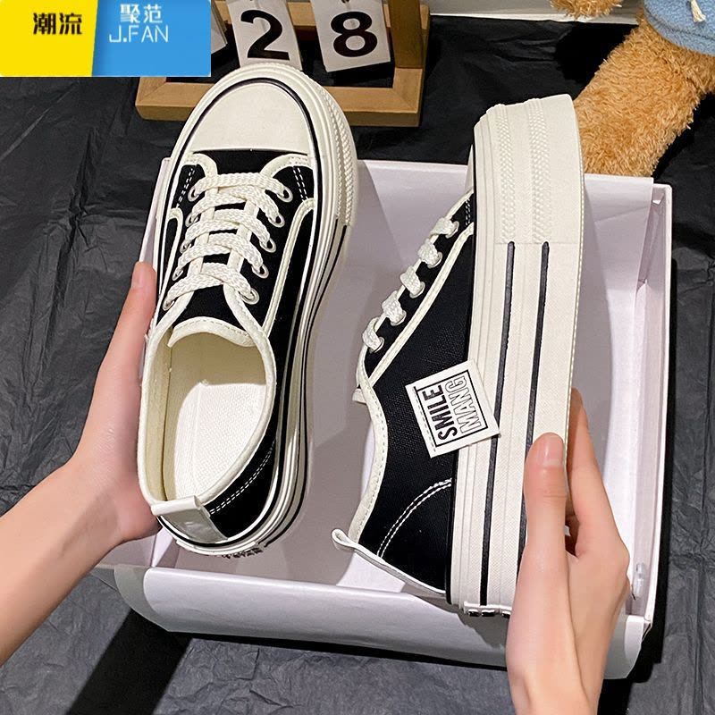 聚范厚底帆布鞋女2023新款夏季松糕鞋百搭增高女鞋运动休闲板鞋小白鞋图片