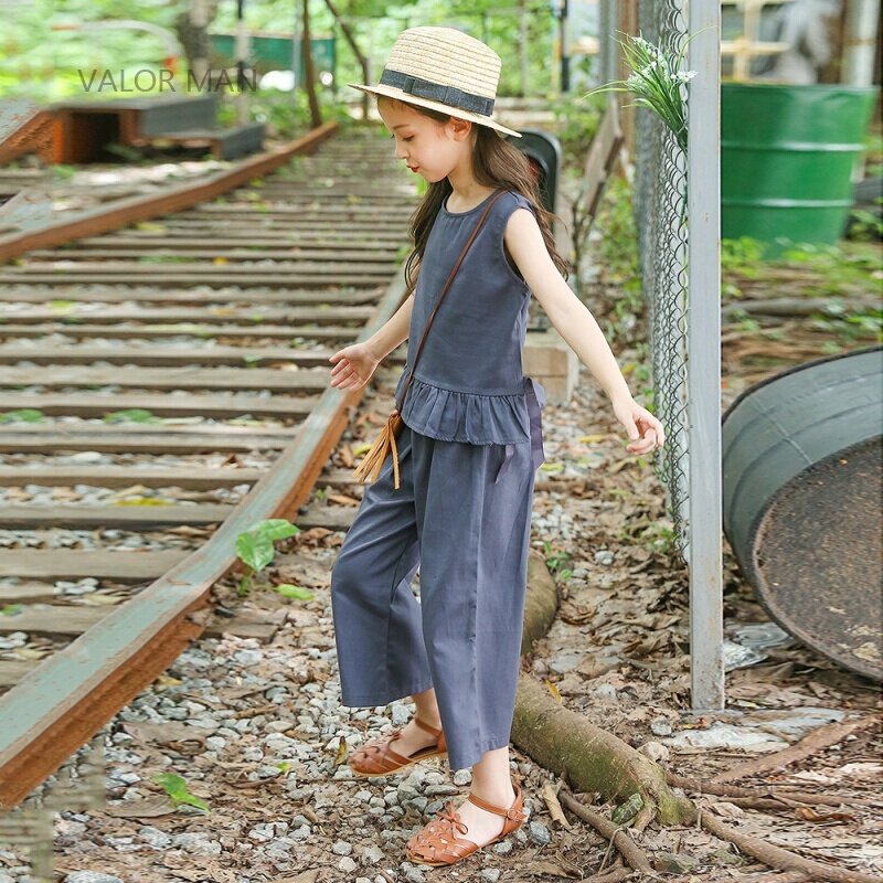 2018新款童装女童套装夏季韩版时尚潮中大童公主洋气阔腿裤两件套灰色[套装]