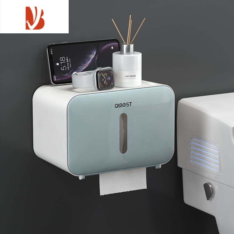 三维工匠高端纸巾盒厕所防水免打孔卫生间卷纸盒轻奢壁挂式大号不卡厕纸盒 趣巢[清晰蓝]带轴通用纸巾盒