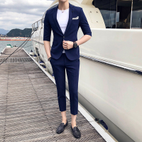 夏季英伦七分袖西服套装男韩版修身青年型师潮男休闲中袖小西装