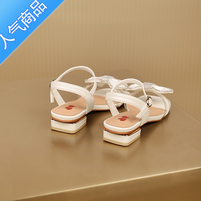 SUNTEK水钻蝴蝶结凉鞋女一字扣方头中跟女鞋2023夏季新款露趾仙女罗马夏高清大图