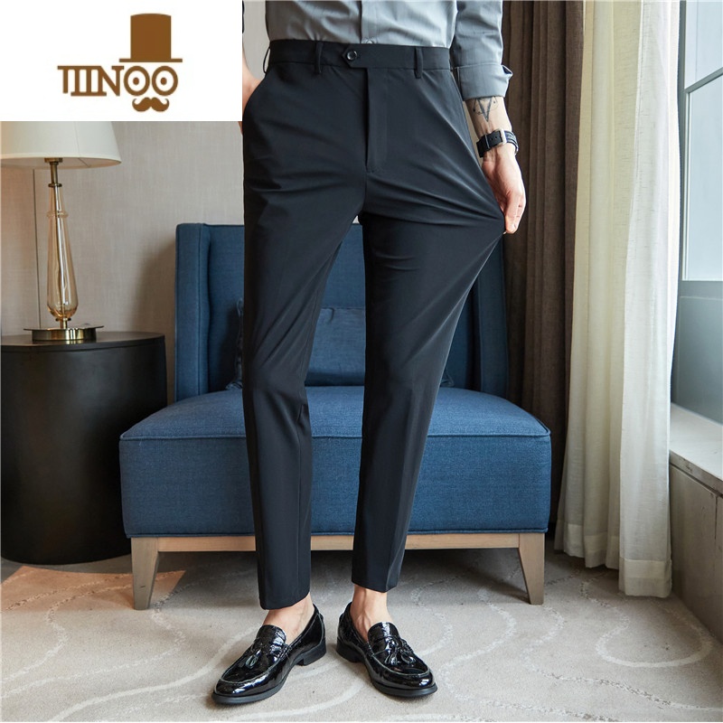 YANXU轻商务冰丝休闲裤男2023西装长裤垂顺感九分裤高弹力西裤免烫 黑色长裤503 36