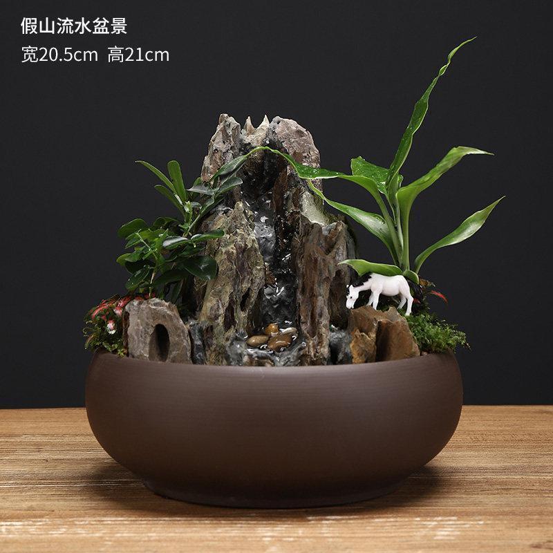 美帮汇新中式喷泉流水摆件盆景假山植物造景微景观客厅茶桌装饰高清大图
