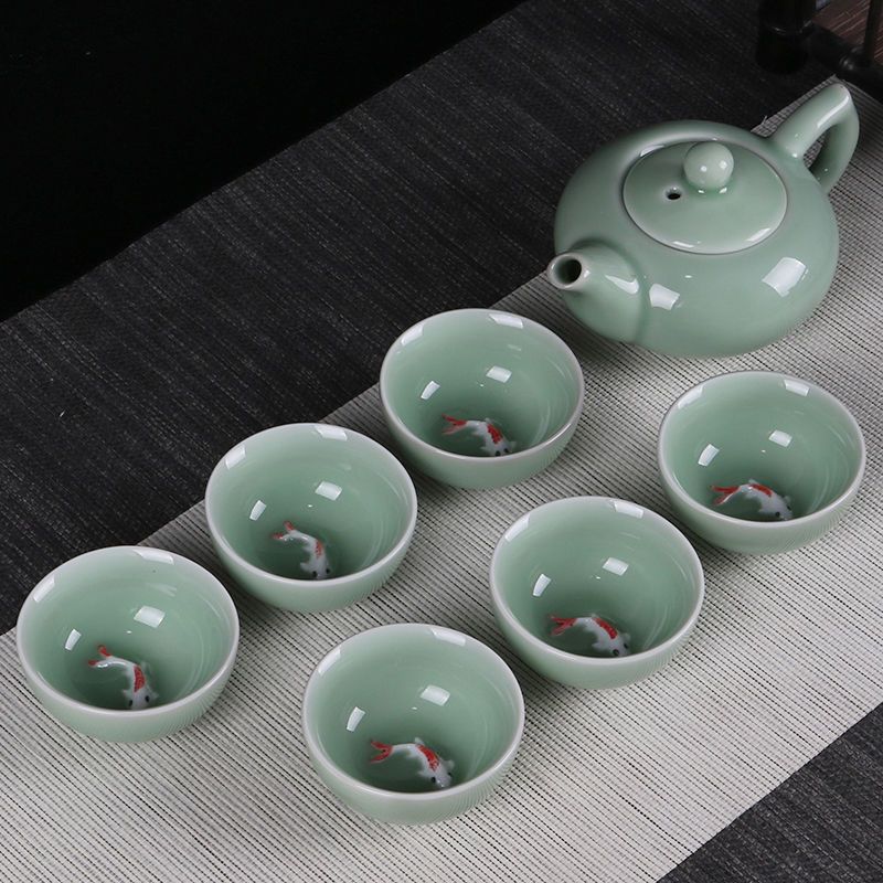 苏宁放心购青瓷茶具套装功夫茶具盖碗茶杯带鱼茶壶泡茶器整套