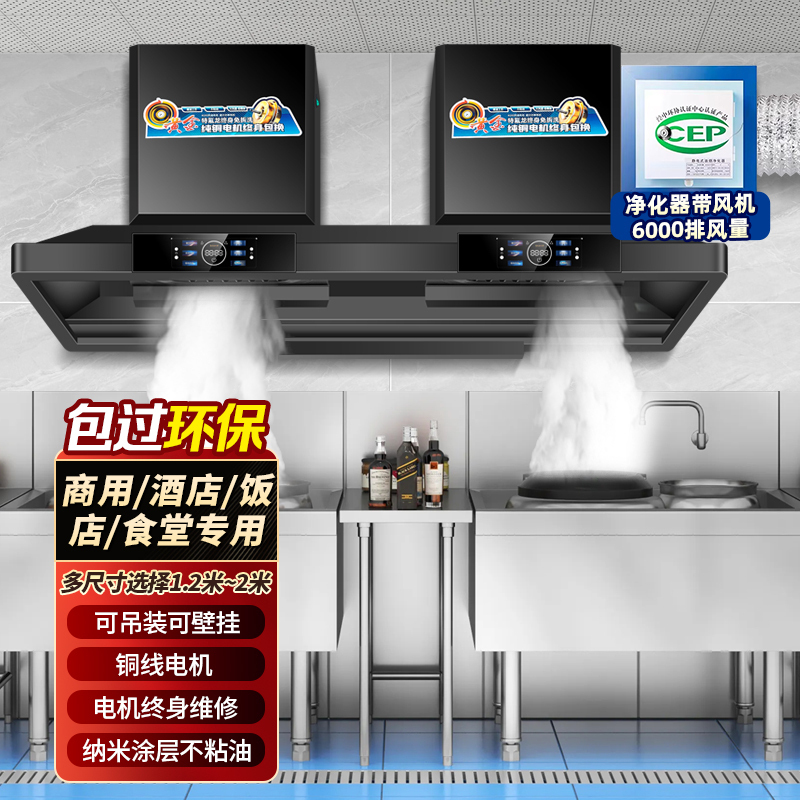 欢呼好太太商用抽油烟机大吸力顶吸式饭店员工食堂农村土灶柴火灶排烟机吸油机双机头2米XQ6+高空净化器6000风量上门安装