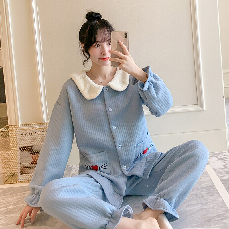 波迷娜(BOMINA)大码睡衣女200斤款季2021新款加厚夹层长袖睡衣女学院风可爱宽松服两件套装