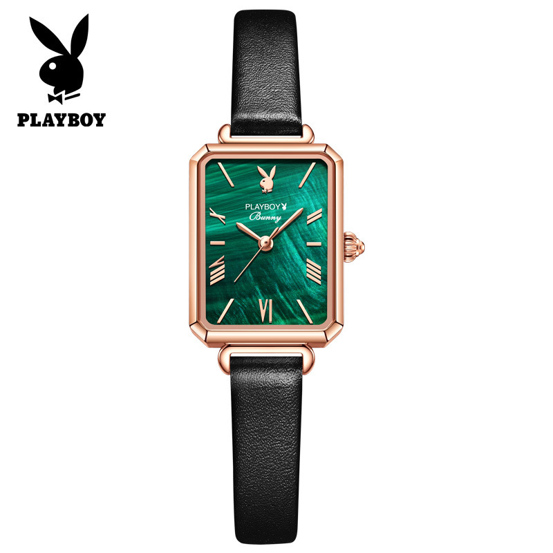 新款花花公子playboy欧美品牌手表女士ins风方形石英表抖音小绿表真皮