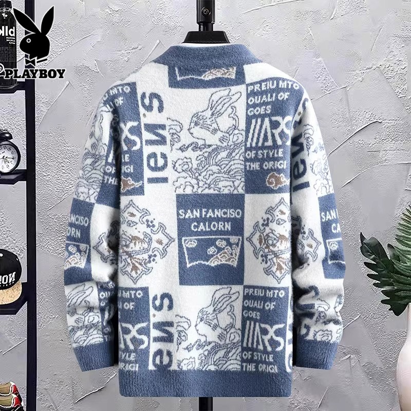 花花公子圆领毛衣男士秋冬季新款宽松衣服潮牌拼色休闲内搭针潮内高清大图