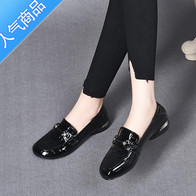 SUNTEK单鞋女2023春夏新款软皮软底乐福鞋粗跟低跟小皮鞋大码女鞋41—43 黑色 36