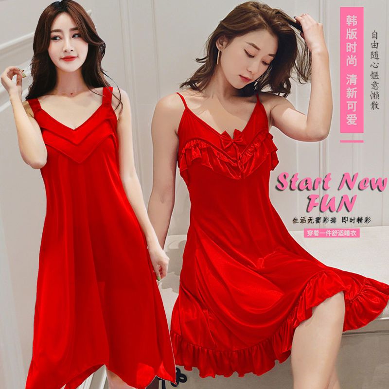 睡衣女秋夏季胖MM冰丝睡裙女夏季仿真丝胖妹妹200斤孕妇蕾丝4XL 361红 M
