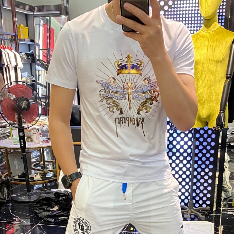 欧洲站夏季新款个性潮流修身蜻蜓烫钻印花玉蚕丝T恤男短袖潮