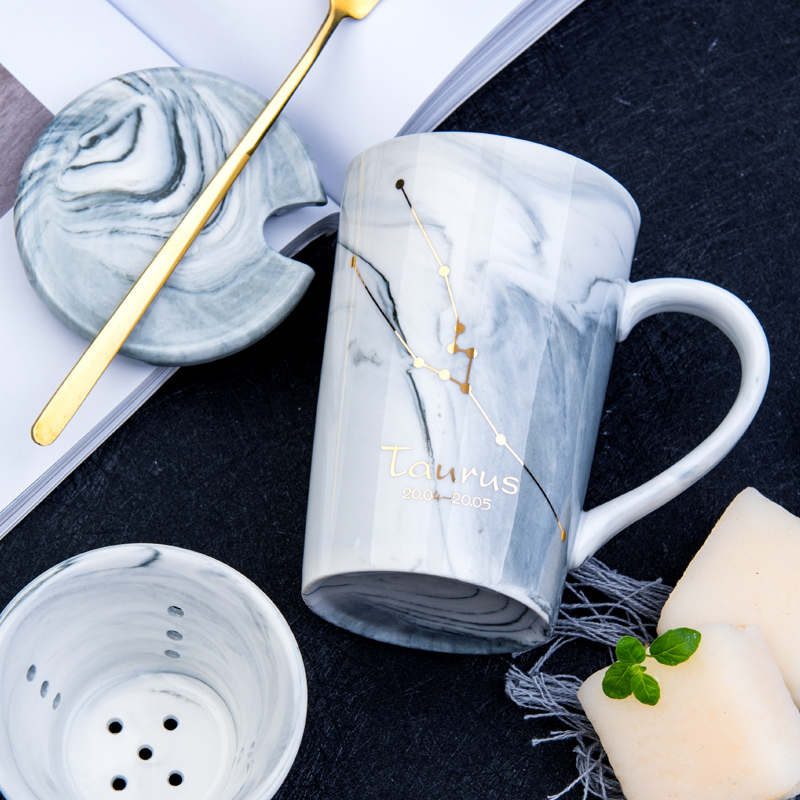 创意过滤茶漏陶瓷杯子个性烘焙精灵潮流星座马克杯带盖勺咖啡杯家用