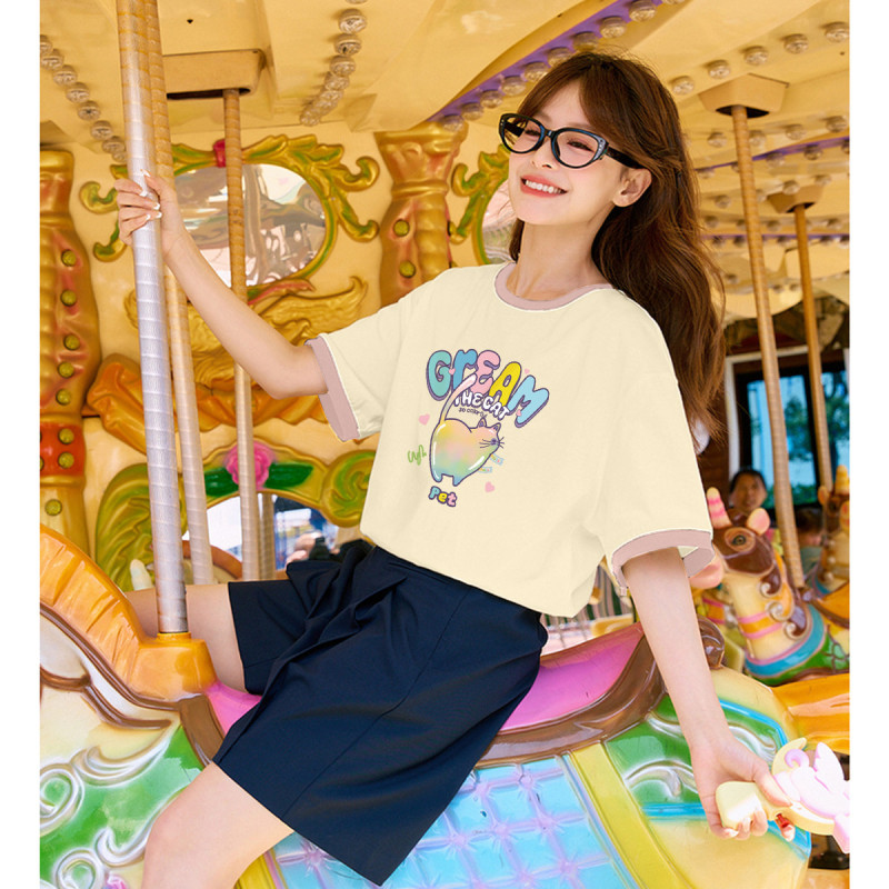[2.5折价48元]唐狮夏季女前胸印花撞色圆领短袖T恤百搭减龄学院风时尚